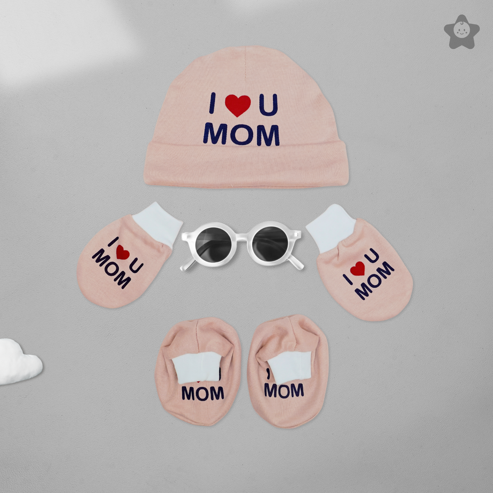 Kika Kiki I Love Mom Prints Cap Mittens Booties Set - 100% Ultra Soft Cotton Combo Beige