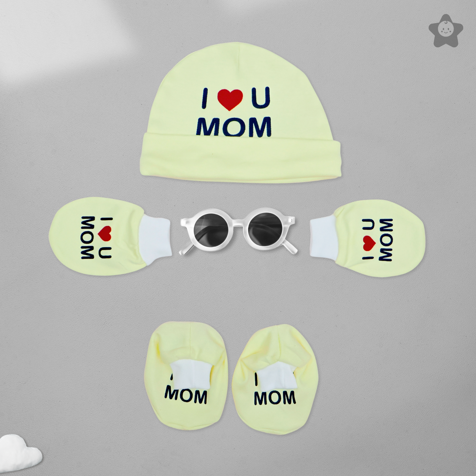 Kika Kiki I Love Mom Prints Cap Mittens Booties Set - 100% Ultra Soft Cotton Combo Mellow