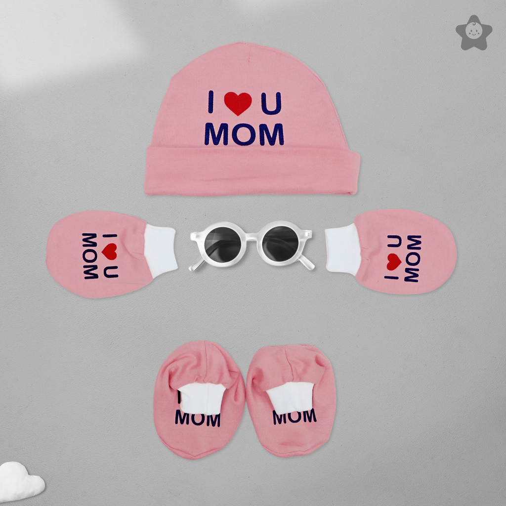 Kika Kiki I Love Mom Prints Cap Mittens Booties Set - 100% Ultra Soft Cotton Combo Pastel Pink