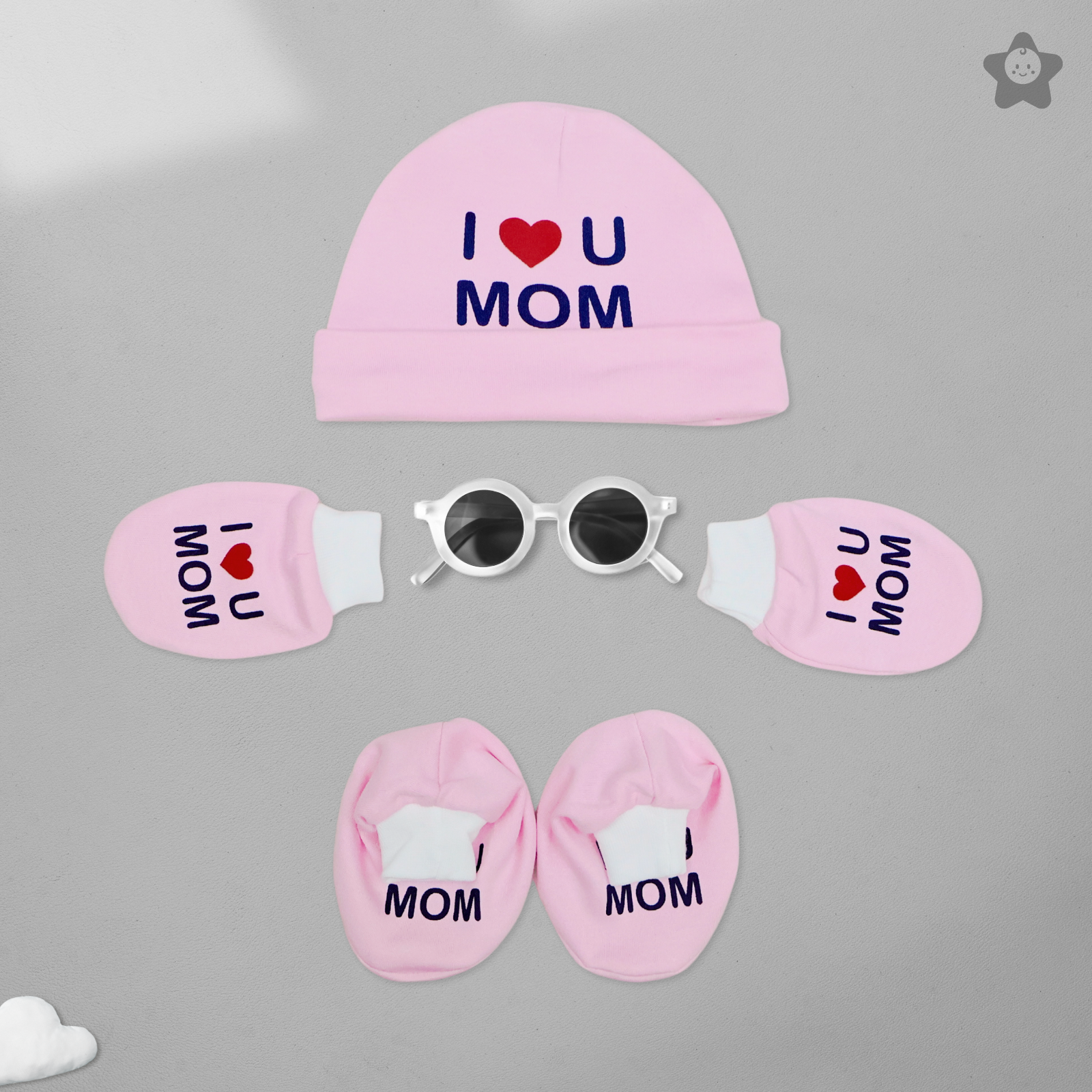 Kika Kiki I Love Mom Prints Cap Mittens Booties Set - 100% Ultra Soft Cotton Combo Rose Pink