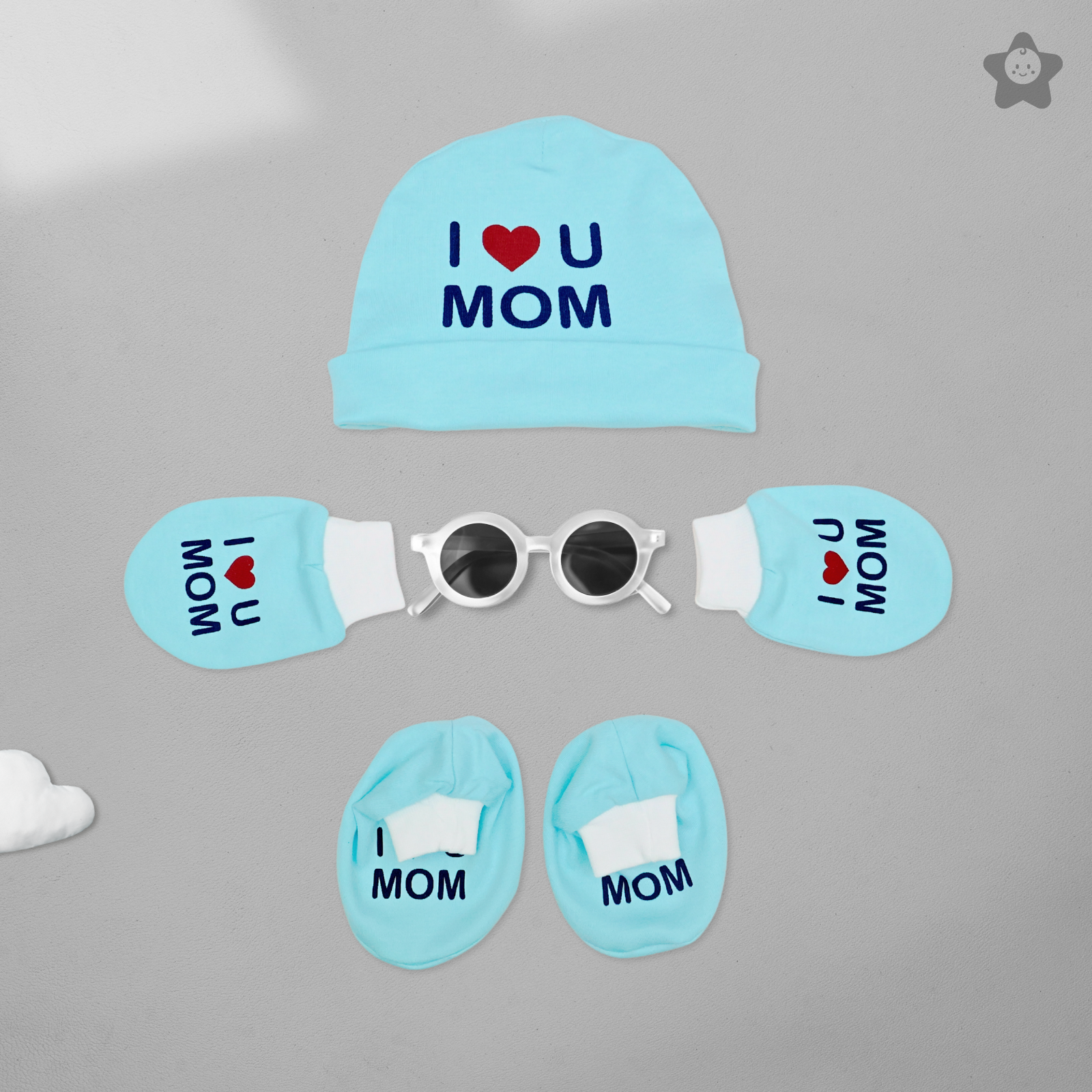 Kika Kiki I Love Mom Prints Cap Mittens Booties Set - 100% Ultra Soft Cotton Combo Aqua Blue