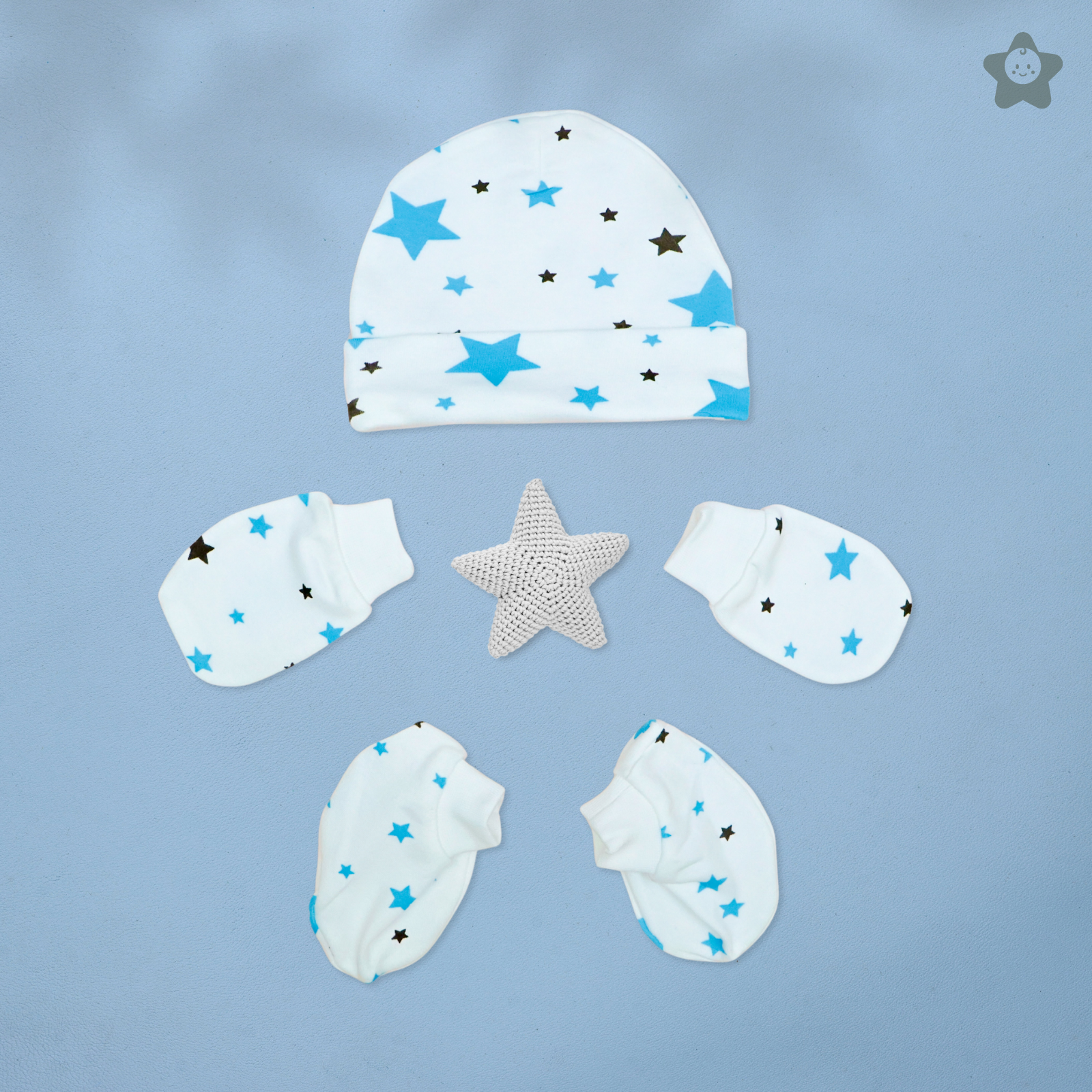 Kika Kiki Cap Mittens Booties Set - 100% Ultra Soft Cotton Combo Set Stars (Sky Twinkles)
