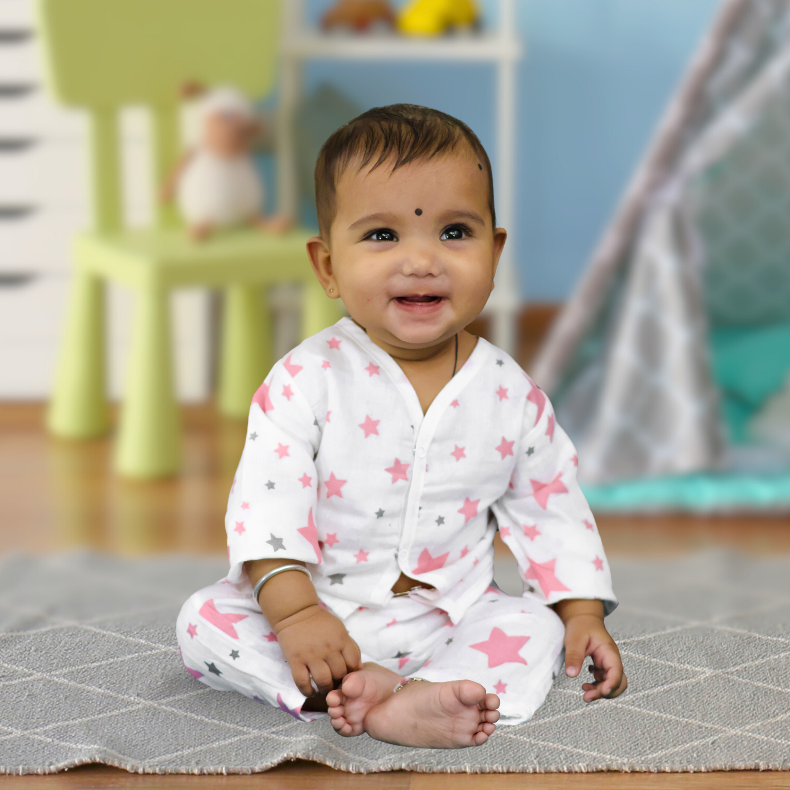Kika Kiki Fuchisa Stars Muslin Co-ord set 100% Ultra soft FInest Cotton Lounge wear (pack of 1)