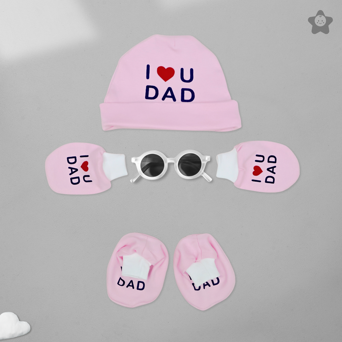 Kika Kiki I Love Dad Prints Cap Mittens Booties Set - 100% Ultra Soft Cotton Combo Rose Pink