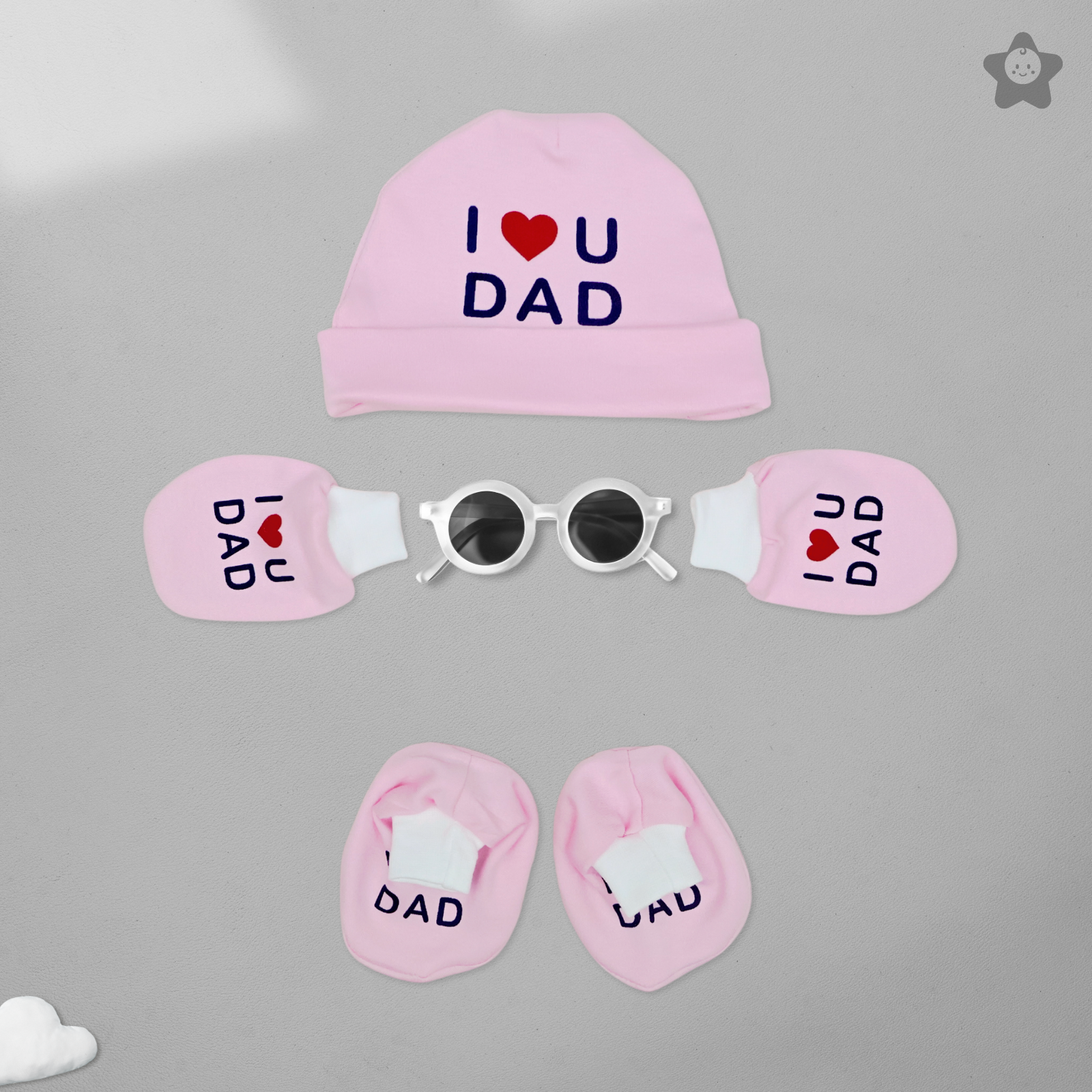 Kika Kiki I Love Dad Prints Cap Mittens Booties Set - 100% Ultra Soft Cotton Combo Rose Pink