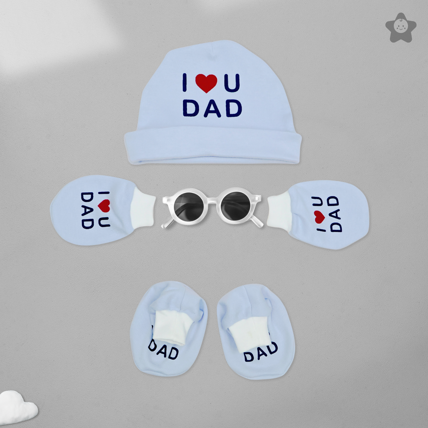 Kika Kiki I Love Dad Prints Cap Mittens Booties Set - 100% Ultra Soft Cotton Combo Baby blue