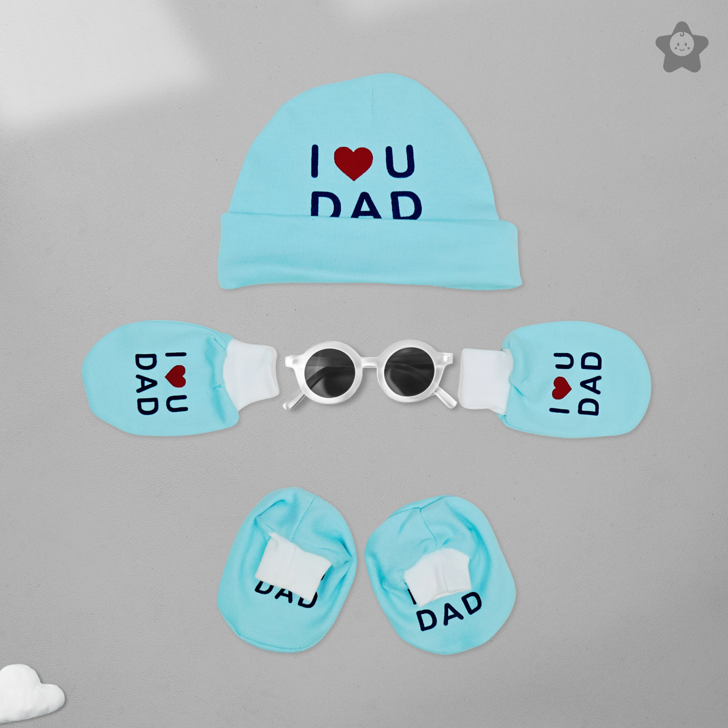 Kika Kiki I Love Dad Prints Cap Mittens Booties Set - 100% Ultra Soft Cotton Combo Aqua Blue