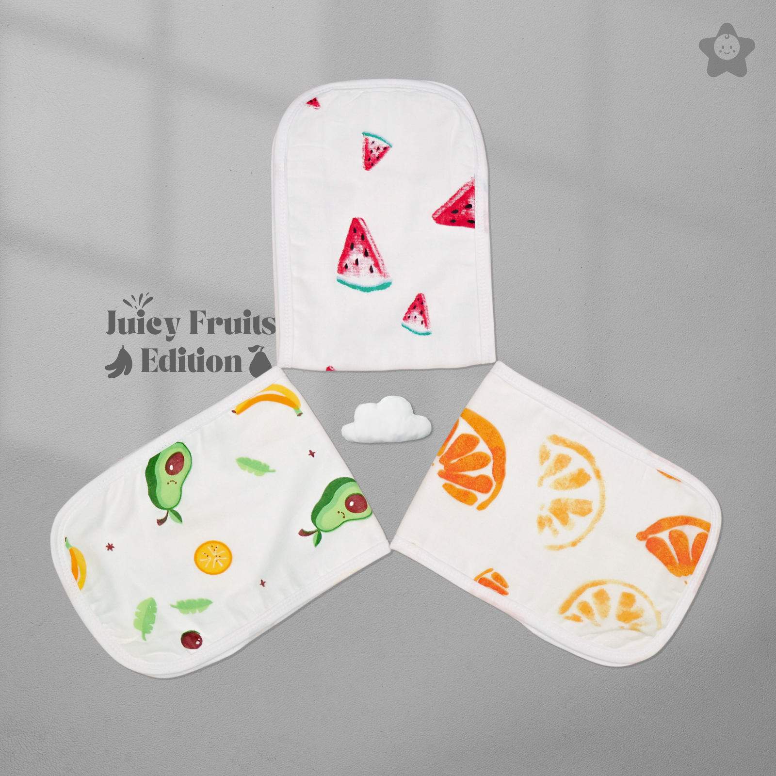 Kika Kiki Juicy Fruits Burp Cloth- 100% Soft Muslin Cotton (Pack of 3)
