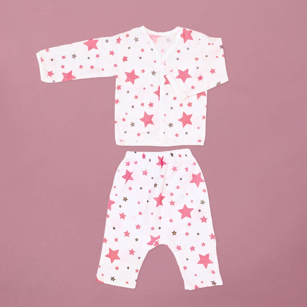 Kika Kiki Fuchisa Stars Muslin Co-ord set 100% Ultra soft FInest Cotton Lounge wear (pack of 1)