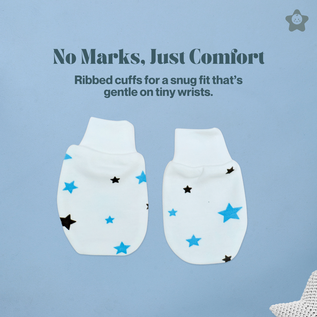 Kika Kiki Cap Mittens Booties Set - 100% Ultra Soft Cotton Combo Set Stars (Sky Twinkles)