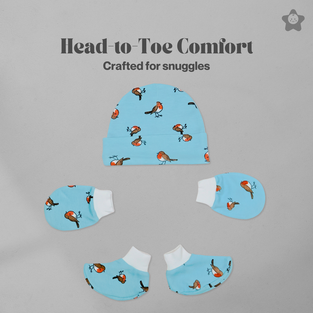 Kika Kiki Cap Mittens Booties Set - 100% Ultra Soft Cotton Combo Sparrows prints