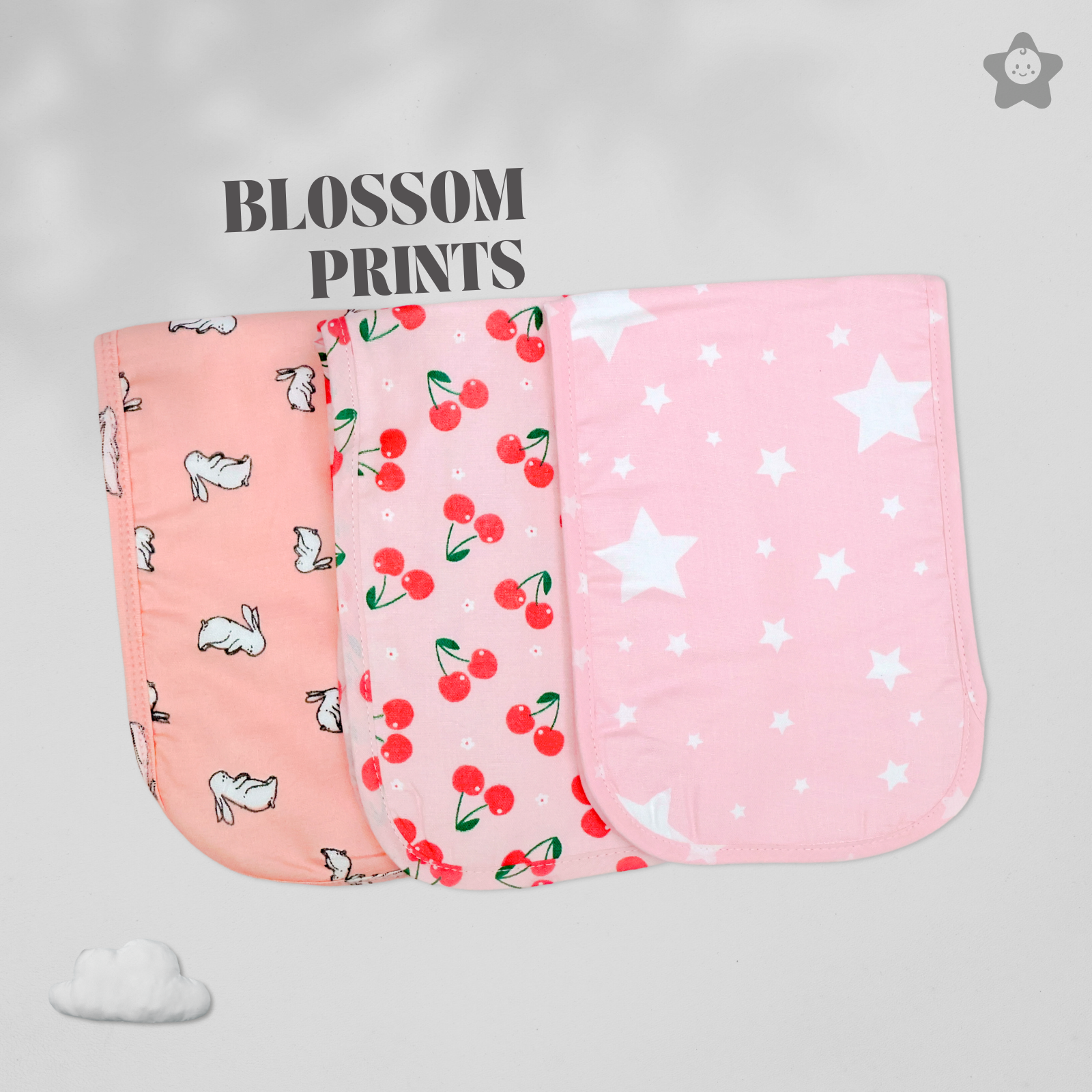 Kika Kiki Blossom Prints Burp Cloth- 100% Soft Muslin Cotton (Pack of 3)