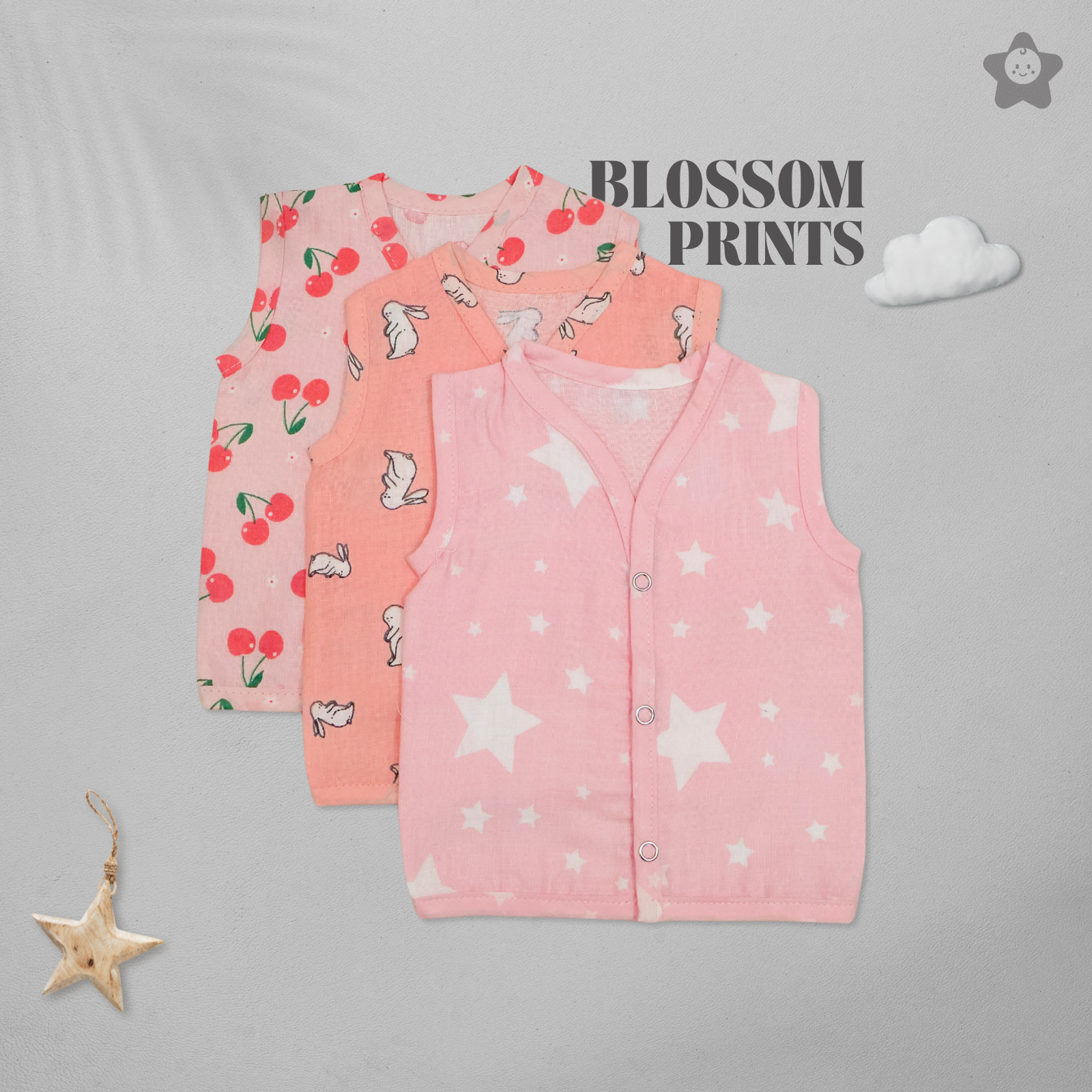 Kika Kiki Blossom Prints Muslin Jhabla - 100% Soft Muslin Cotton Unisex Button up Vest (Pack of 3)