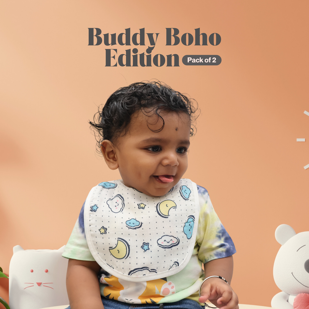 Kika Kiki Buddy Prints Baby Apron Bibs - 100% Soft Muslin Cotton (Pack of 2)