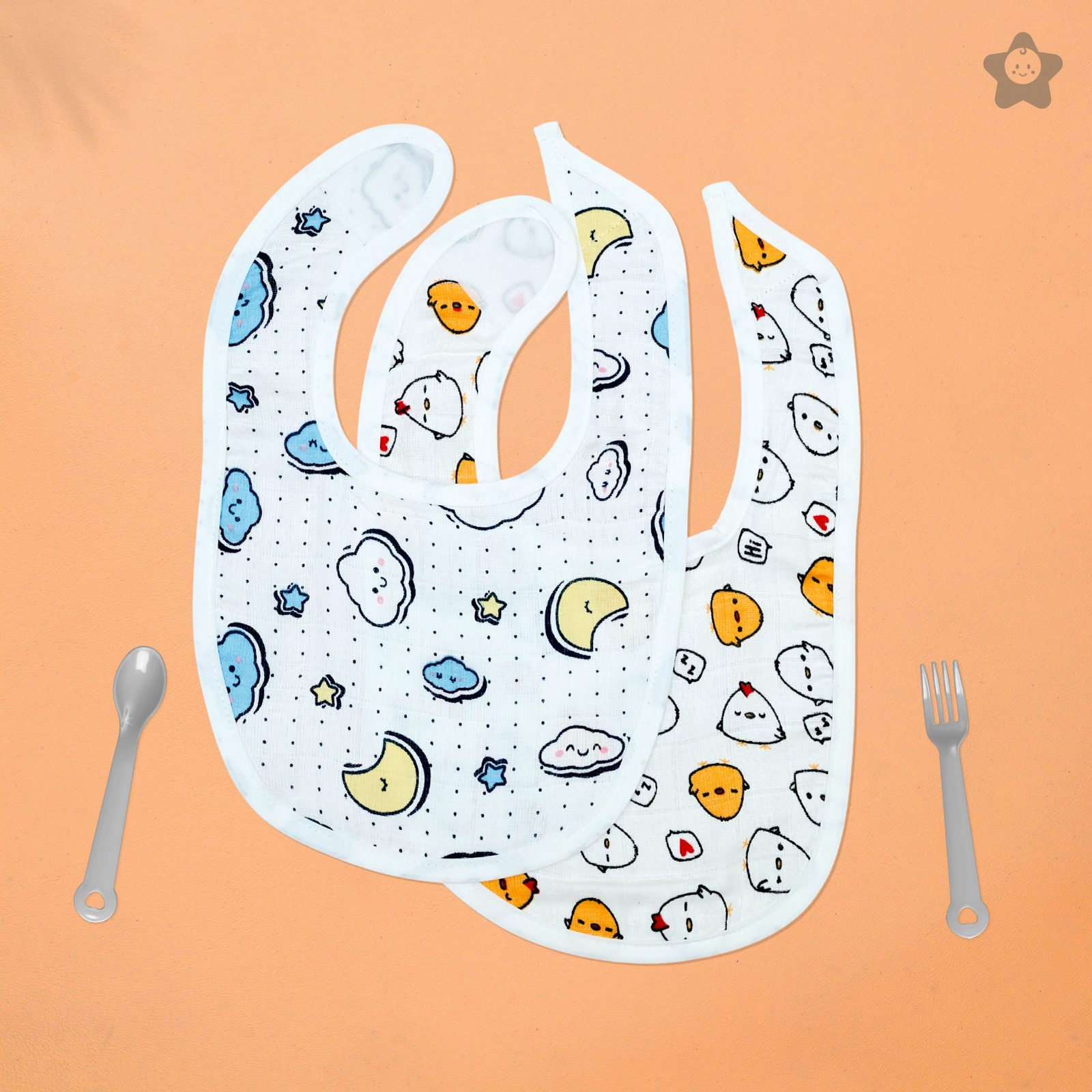 Kika Kiki Buddy Prints Baby Apron Bibs - 100% Soft Muslin Cotton (Pack of 2)