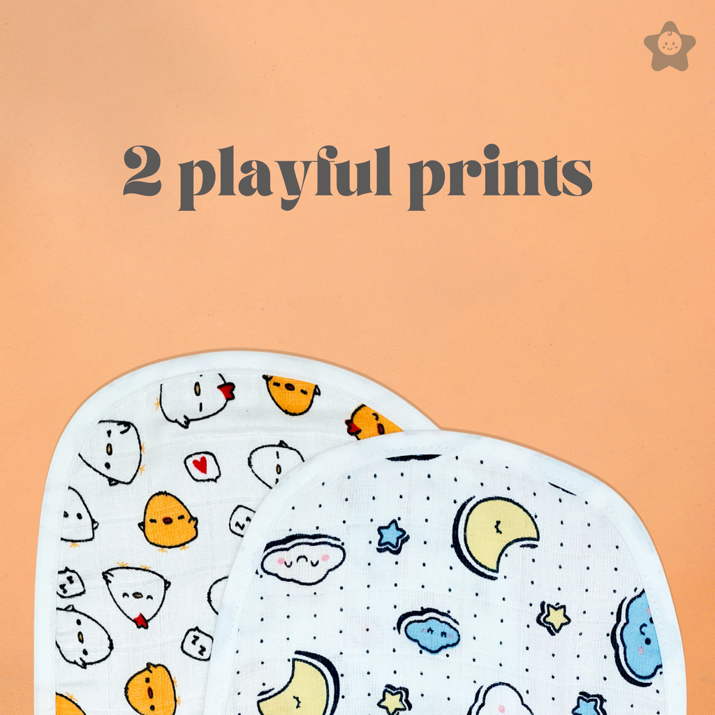 Kika Kiki Buddy Prints Baby Apron Bibs - 100% Soft Muslin Cotton (Pack of 2)