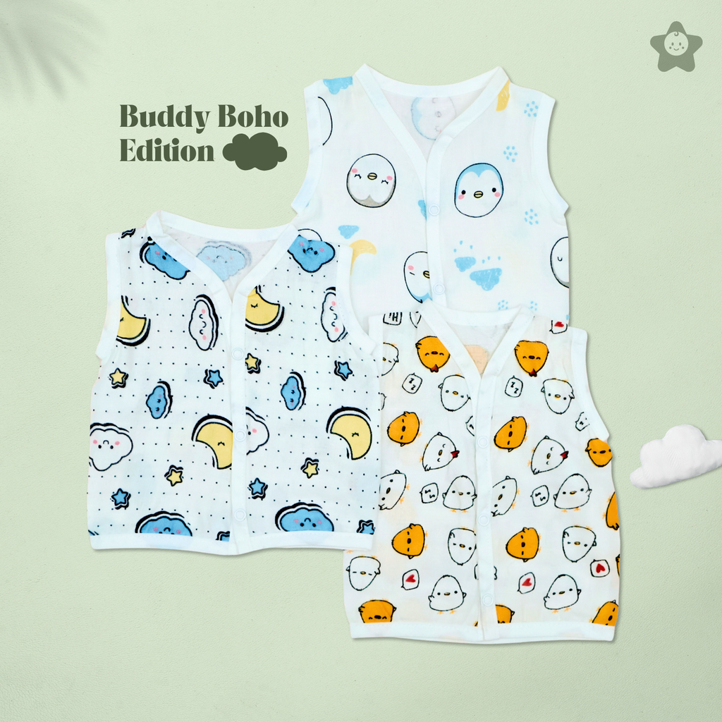 Kika Kiki Buddy Boho Muslin Jhabla - 100% Soft Muslin Cotton Unisex Button up Vest (Pack of 3)