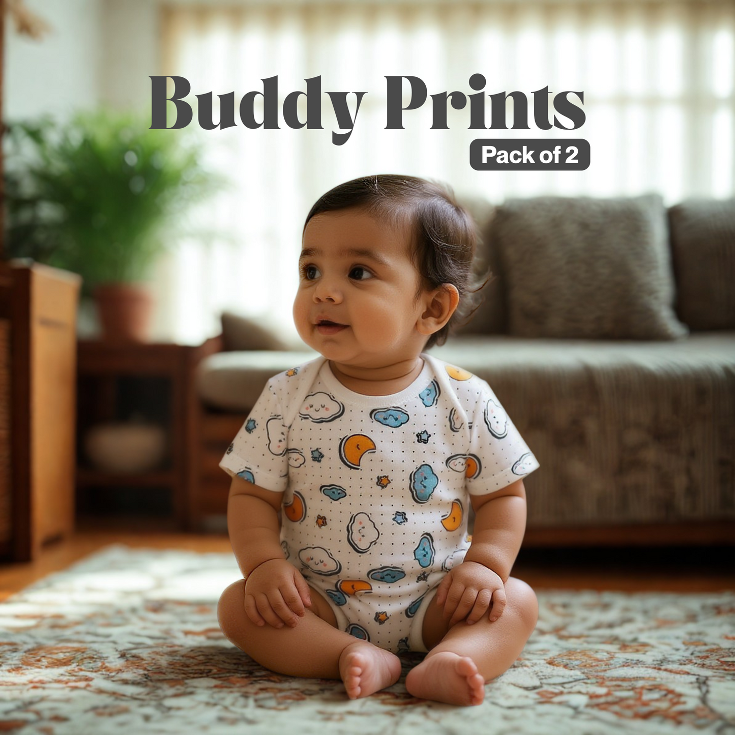 Buddy Prints BodySuits - 100% Ultra Soft Knitted Cotton Unisex Onesies (Pack of 2)