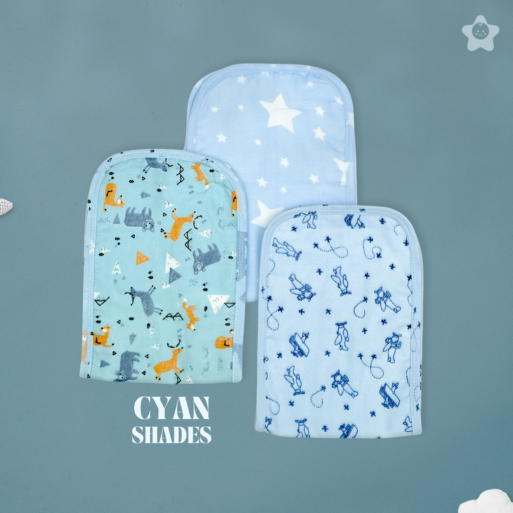 Kika Kiki Cyan Shades Burp Cloth- 100% Soft Muslin Cotton (Pack of 3)