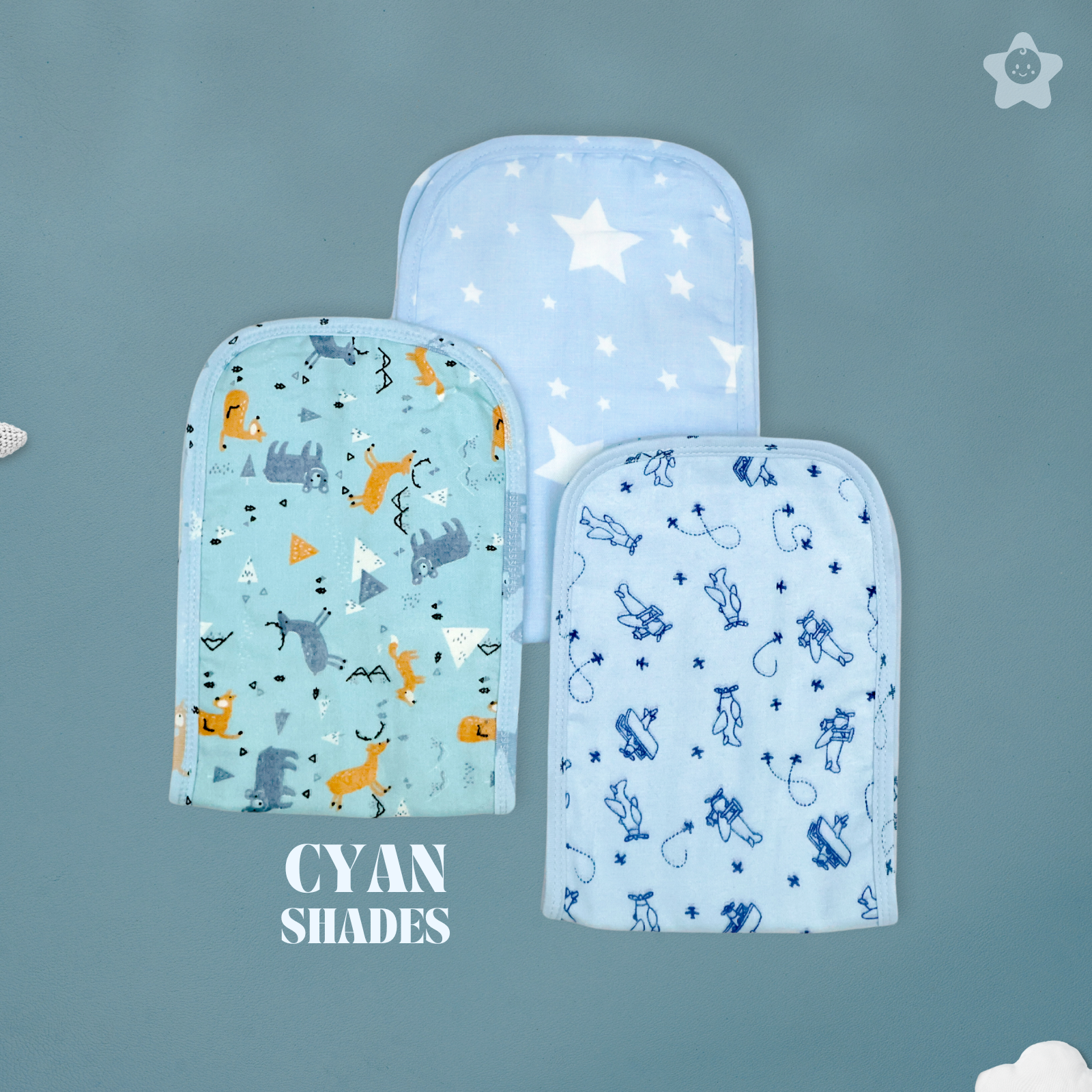 Kika Kiki Cyan Shades Burp Cloth- 100% Soft Muslin Cotton (Pack of 3)