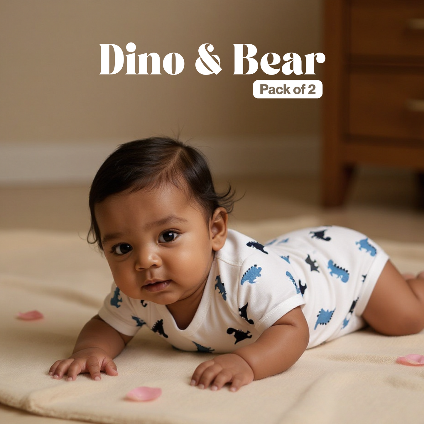 Dino & Bear BodySuits - 100% Ultra Soft Knitted Cotton Unisex Onesies (Pack of 2)