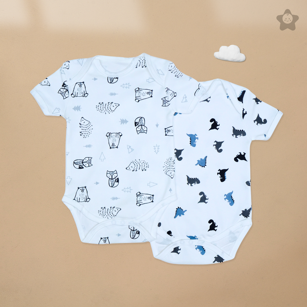 Kika Kiki Dino & Bear BodySuits - 100% Ultra Soft Knitted Cotton Unisex Onesies (Pack of 2)