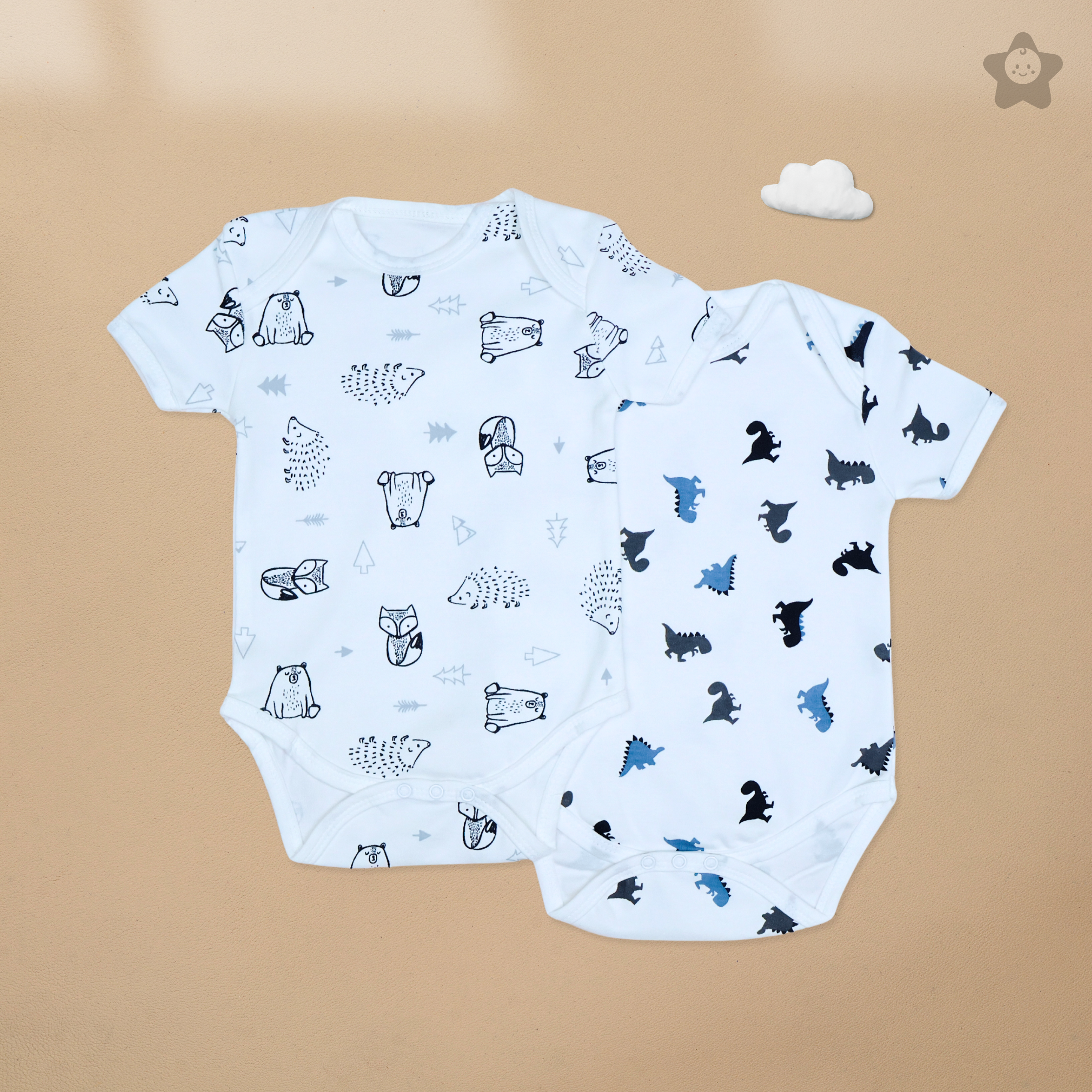 Kika Kiki Dino & Bear BodySuits - 100% Ultra Soft Knitted Cotton Unisex Onesies (Pack of 2)