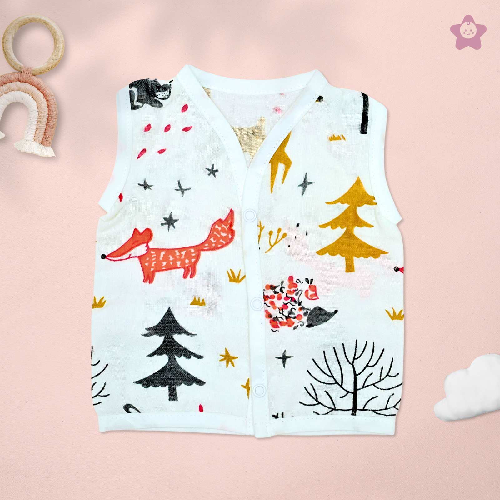 Kika Kiki Forest Edition Muslin Jhabla - 100% Soft Muslin Cotton Unisex Button up Vest (Pack of 3)
