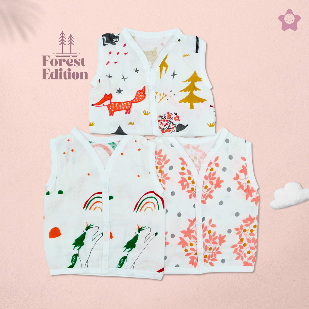 Kika Kiki Forest Edition Muslin Jhabla - 100% Soft Muslin Cotton Unisex Button up Vest (Pack of 3)