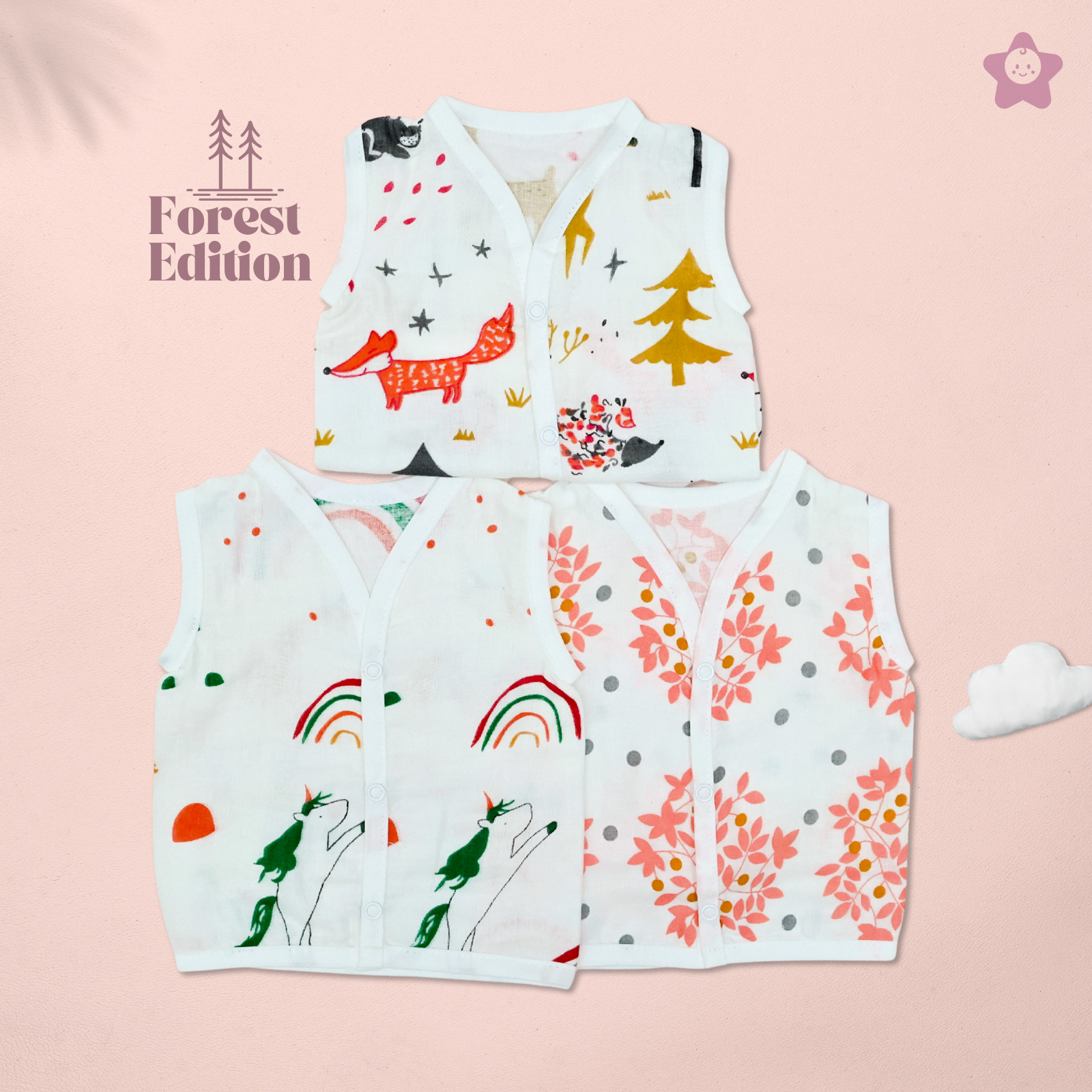 Kika Kiki Forest Edition Muslin Jhabla - 100% Soft Muslin Cotton Unisex Button up Vest (Pack of 3)
