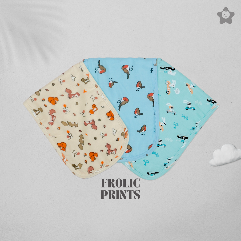 Kika Kiki Frolic Prints Burp Cloth- 100% Soft Muslin Cotton (Pack of 3)