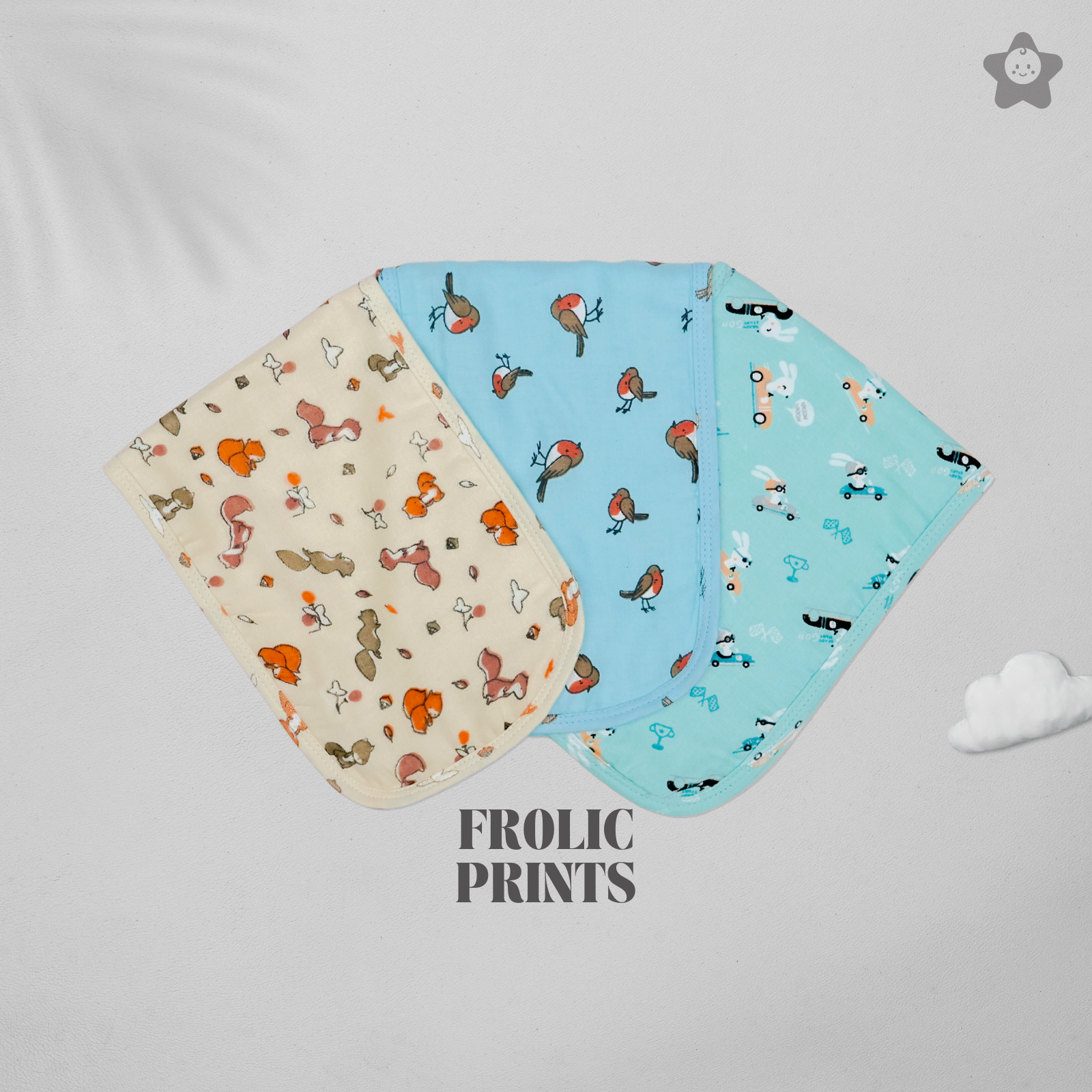 Kika Kiki Frolic Prints Burp Cloth- 100% Soft Muslin Cotton (Pack of 3)