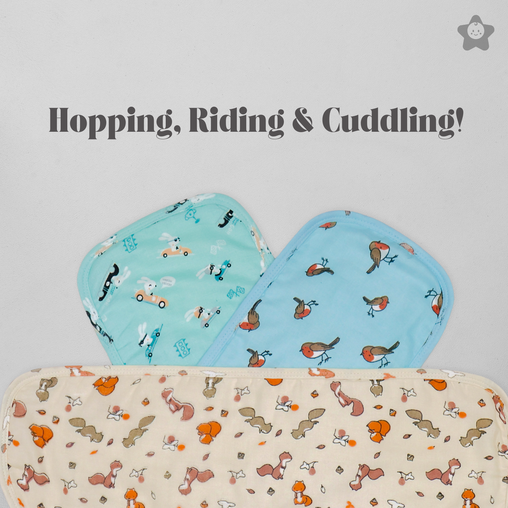 Kika Kiki Frolic Prints Burp Cloth- 100% Soft Muslin Cotton (Pack of 3)