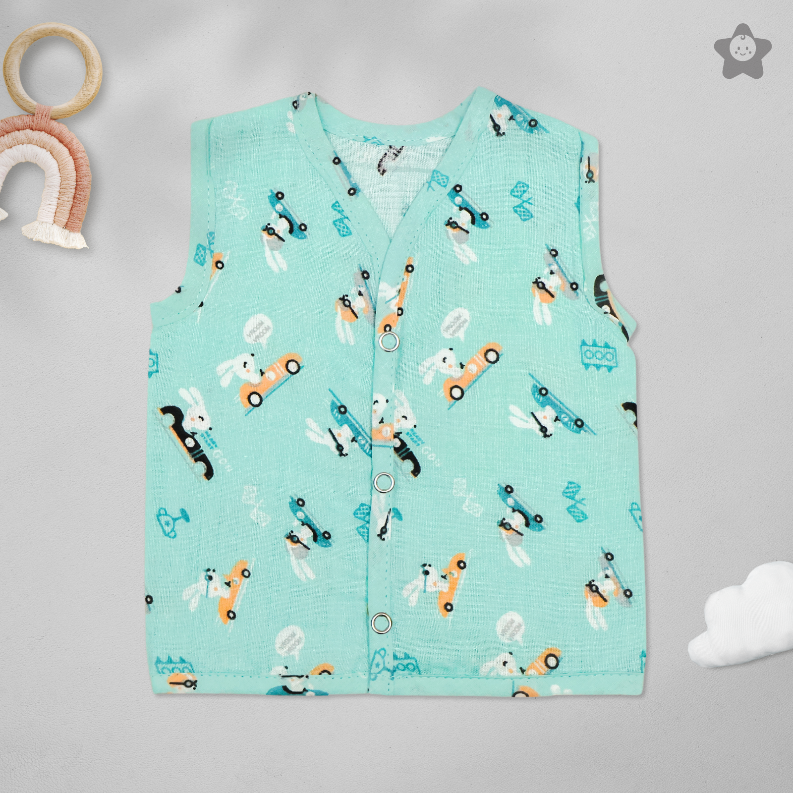 Kika Kiki Frolic Prints Muslin Jhabla - 100% Soft Muslin Cotton Unisex Button up Vest (Pack of 3)