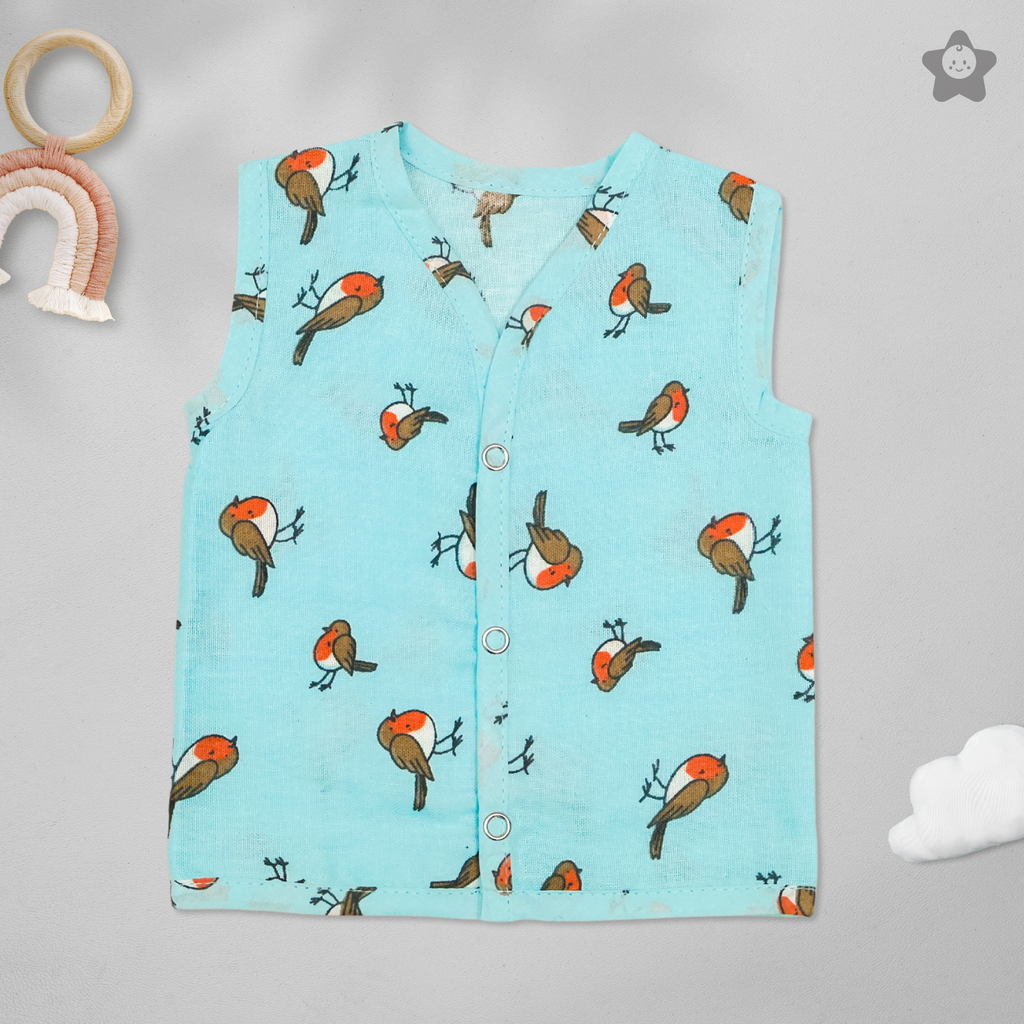 Kika Kiki Frolic Prints Muslin Jhabla - 100% Soft Muslin Cotton Unisex Button up Vest (Pack of 3)