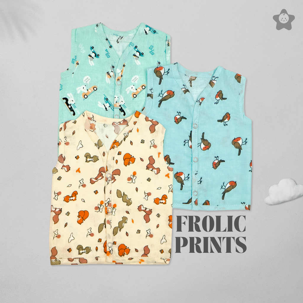 Kika Kiki Frolic Prints Muslin Jhabla - 100% Soft Muslin Cotton Unisex Button up Vest (Pack of 3)