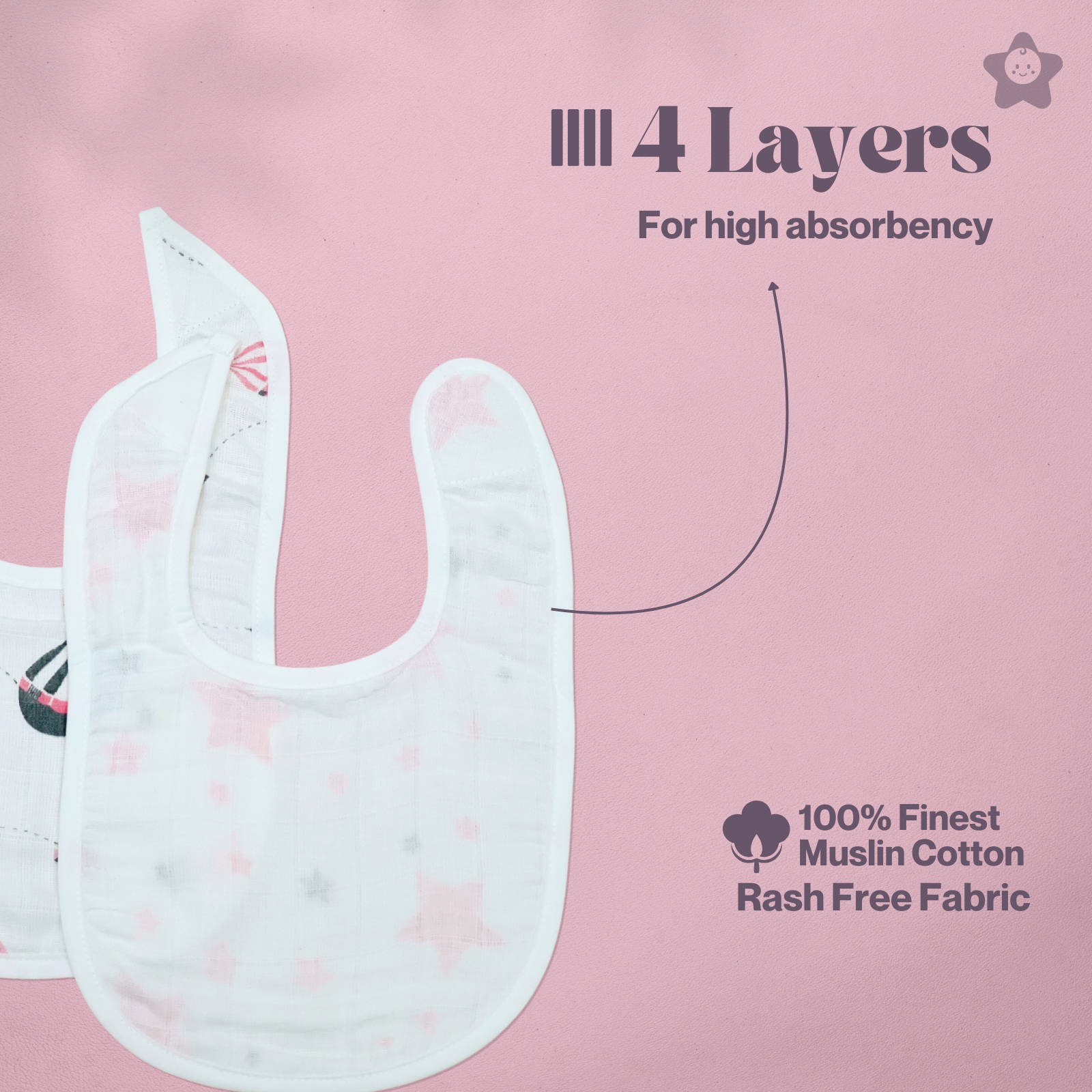 Kika Kiki Fuchisa Baby Apron Bibs - 100% Soft Muslin Cotton (Pack of 2)