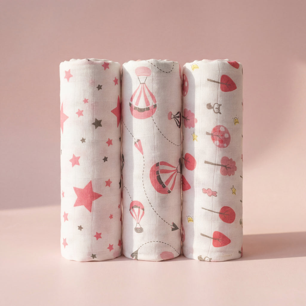 Kika Kiki Fuchisa Muslin Swaddle Blanket - Ultra soft 100% Muslin Cotton Swaddle Wrapper (pack of 3)