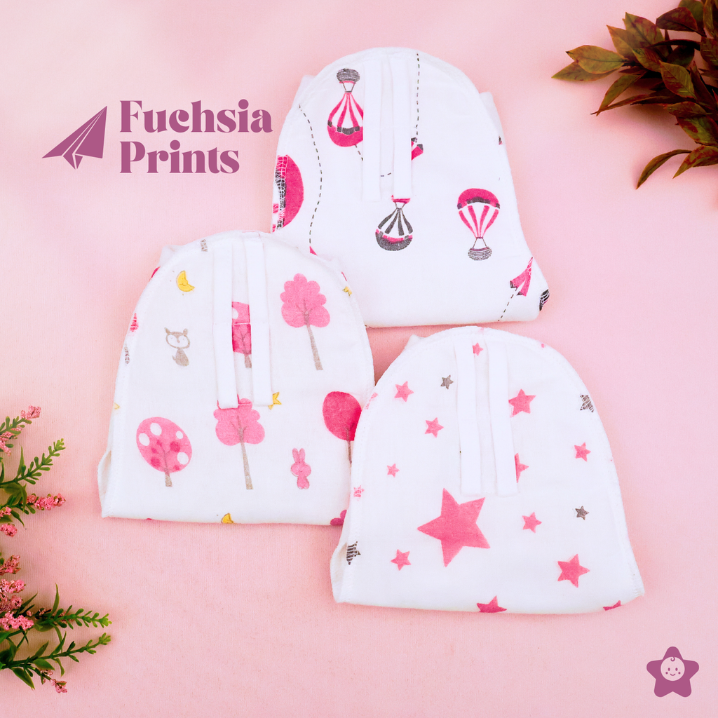 Kika Kiki Fuchisa Print Muslin Padded Nappies - 100% Soft Cotton Langot (Pack of 3)