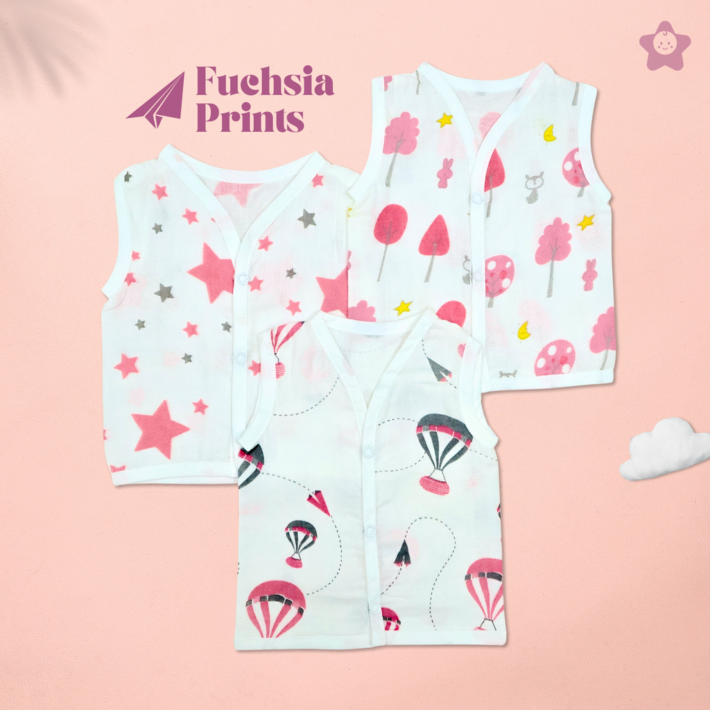 Kika Kiki Fuchisa Muslin Jhabla - 100% Soft Muslin Cotton Unisex Button up Vest (Pack of 3)