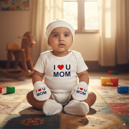 I Love Mom Prints Cap Mittens Booties Set - 100% Ultra Soft Cotton Combo