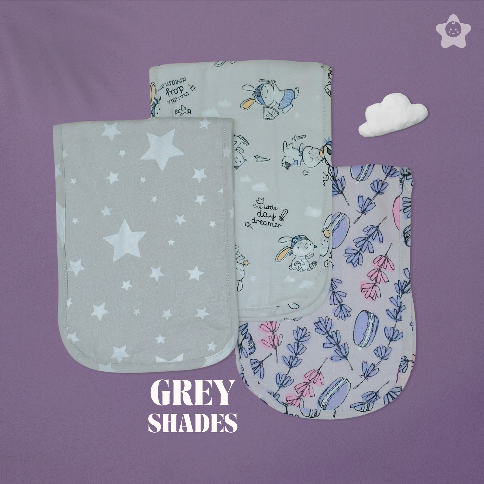 Kika Kiki Grey Shades Burp Cloth- 100% Soft Muslin Cotton (Pack of 3)
