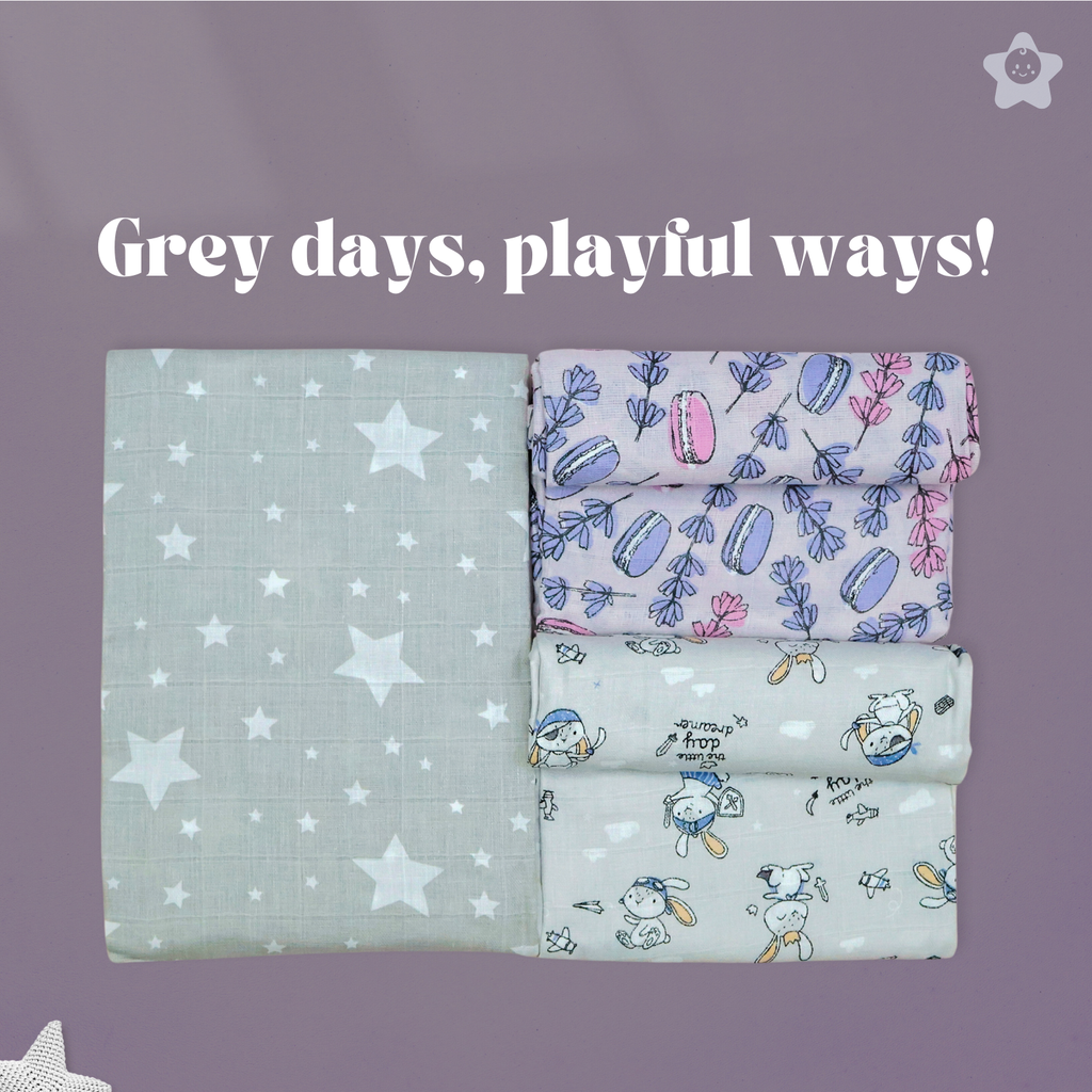 Kika Kiki Grey Shades Muslin Swaddle Blanket - Ultra soft 100% Muslin Cotton Swaddle Wrapper (pack of 3)