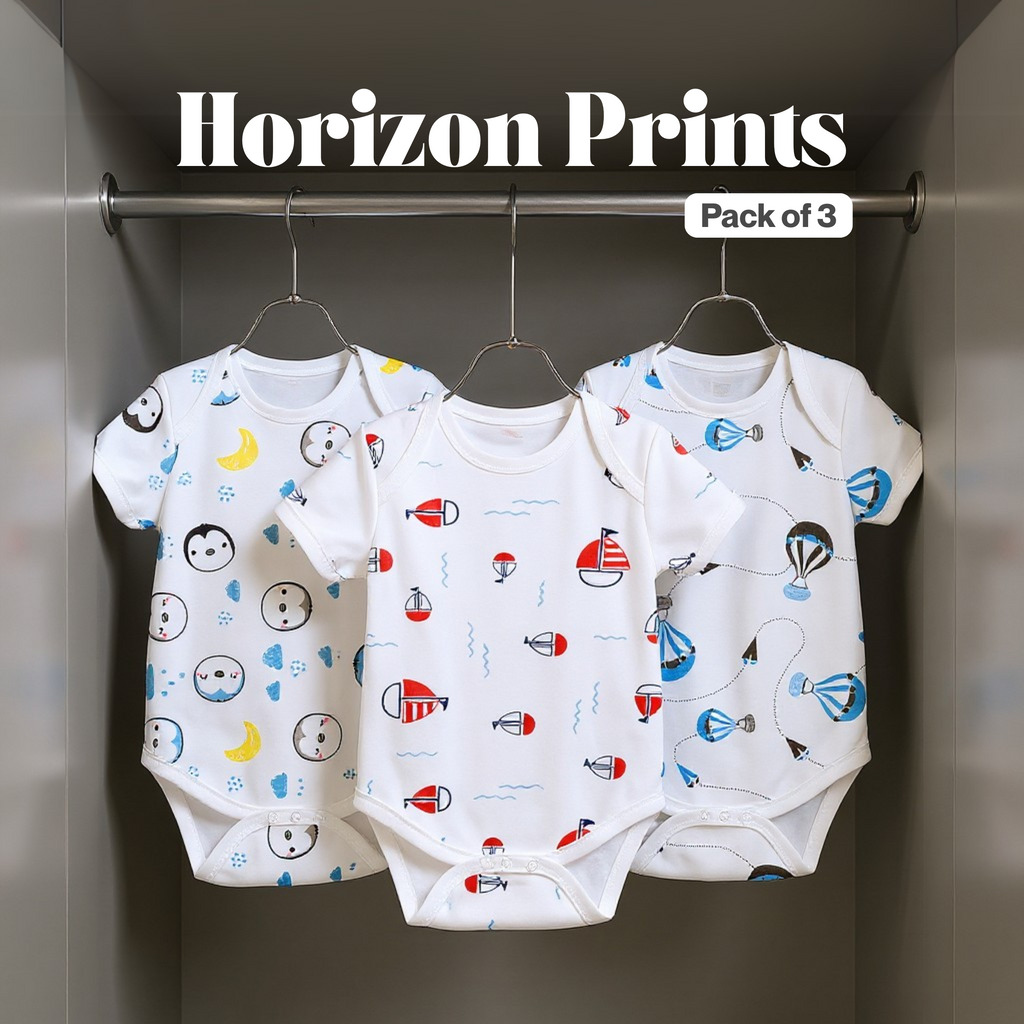 Kika Kiki Horizon Prints BodySuits - 100% Ultra Soft Knitted Cotton Unisex Onesies (Pack of 3)