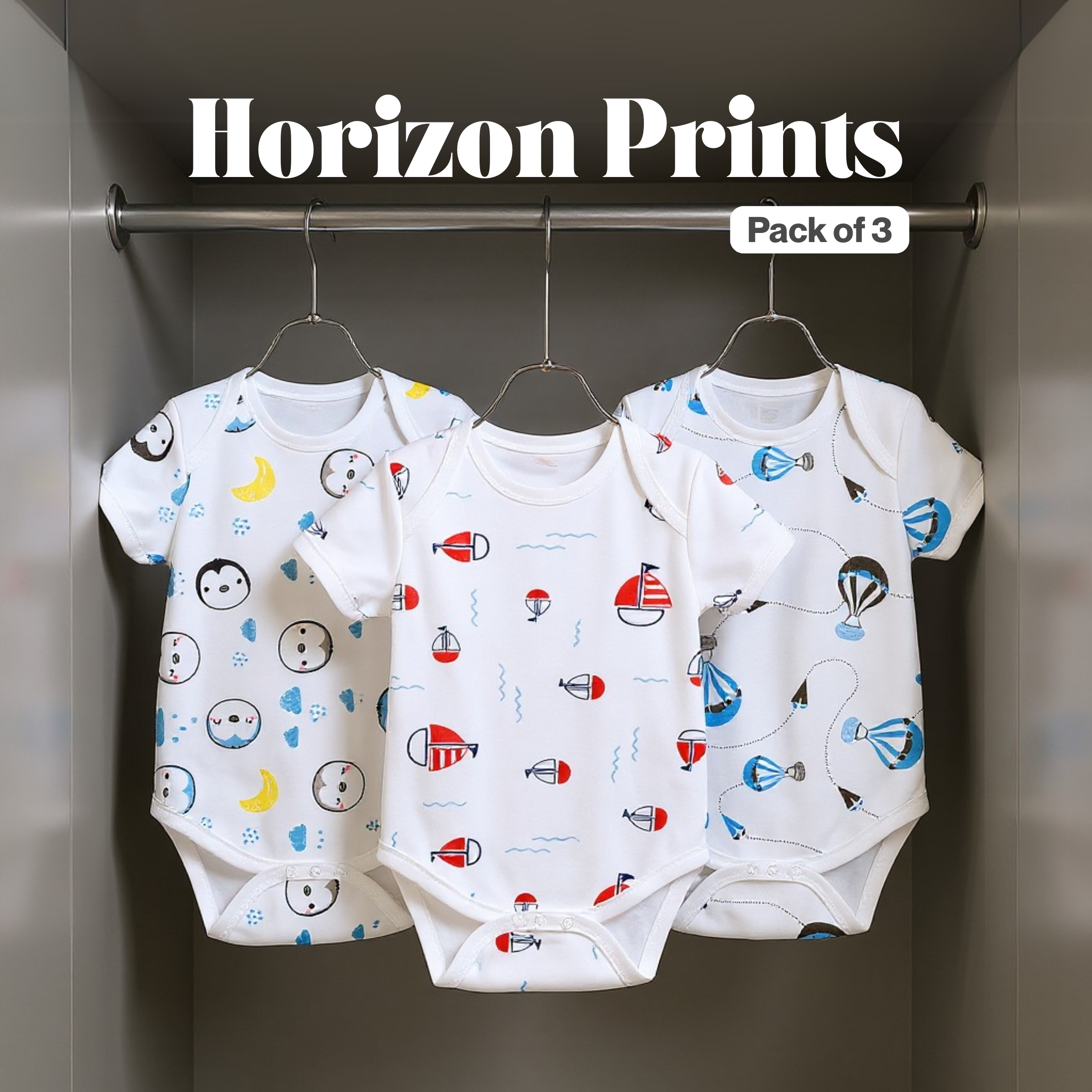 Kika Kiki Horizon Prints BodySuits - 100% Ultra Soft Knitted Cotton Unisex Onesies (Pack of 3)