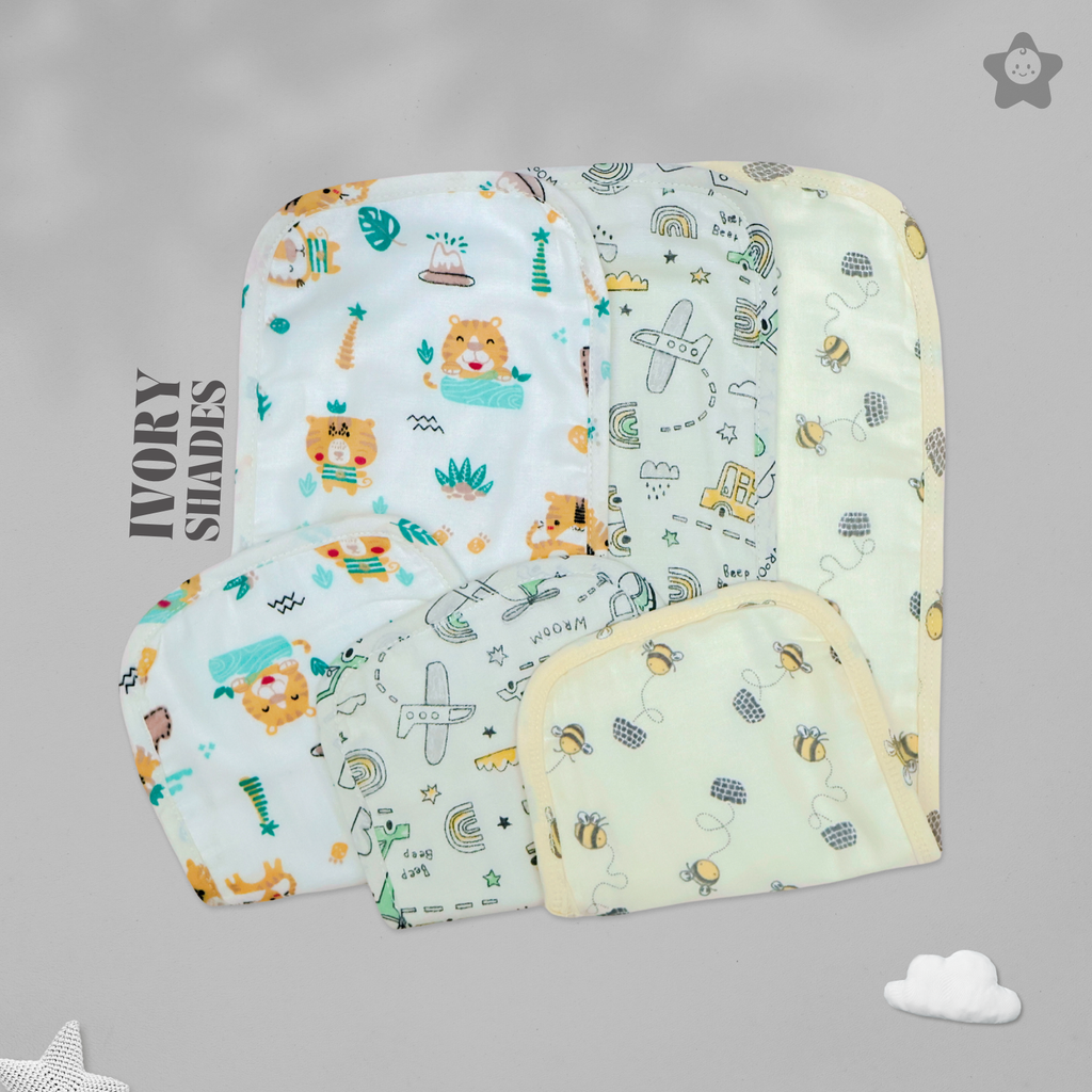 Kika Kiki Ivory Shades Burp Cloth- 100% Soft Muslin Cotton (Pack of 3)