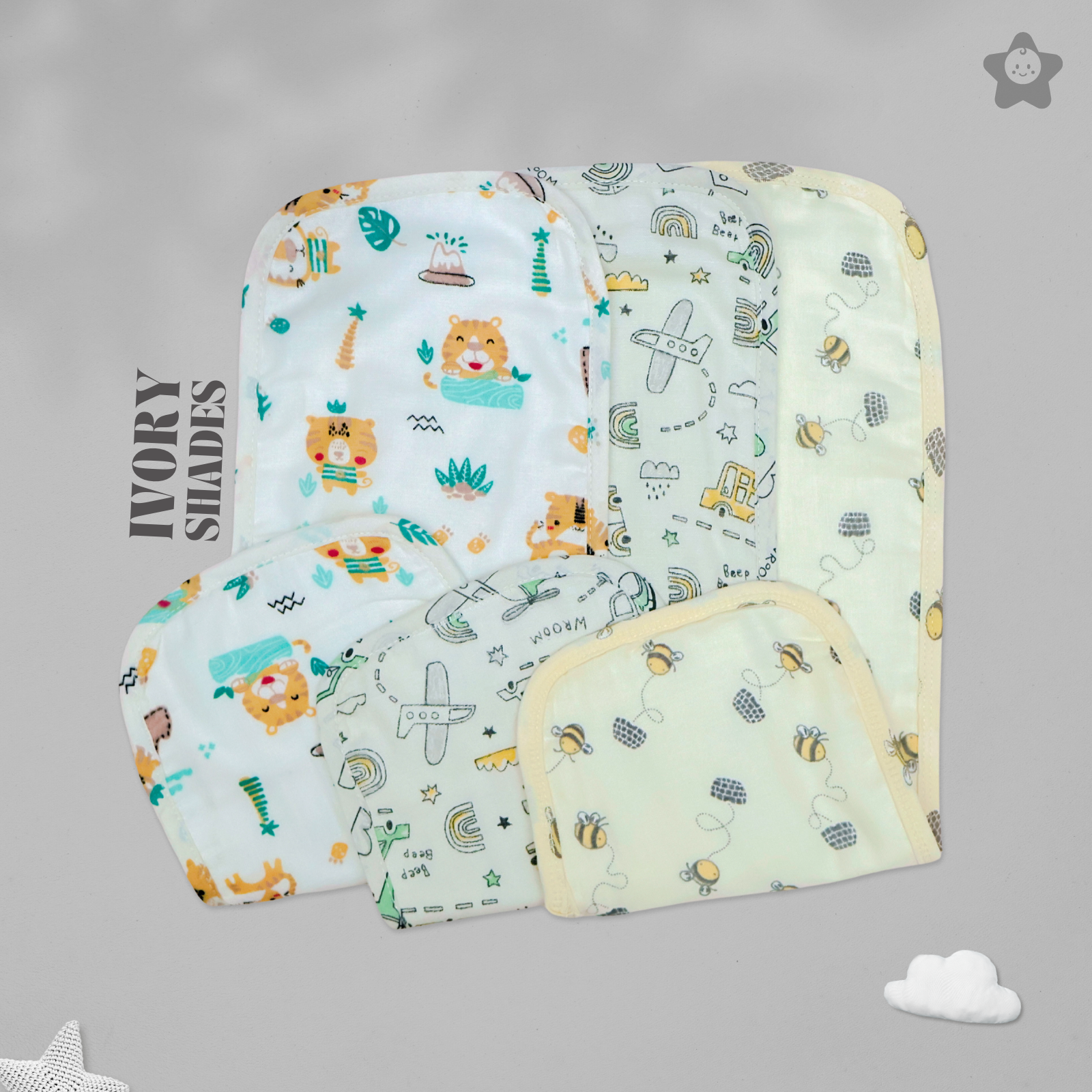 Kika Kiki Ivory Shades Burp Cloth- 100% Soft Muslin Cotton (Pack of 3)