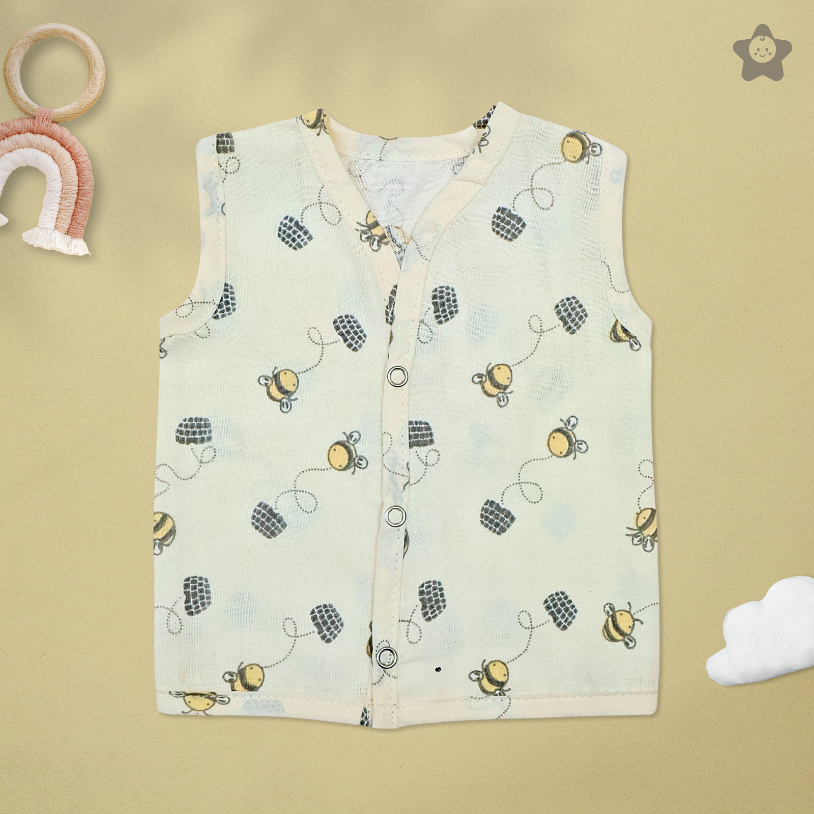 Kika Kiki Ivory Shades Muslin Jhabla - 100% Soft Muslin Cotton Unisex Button up Vest (Pack of 3)