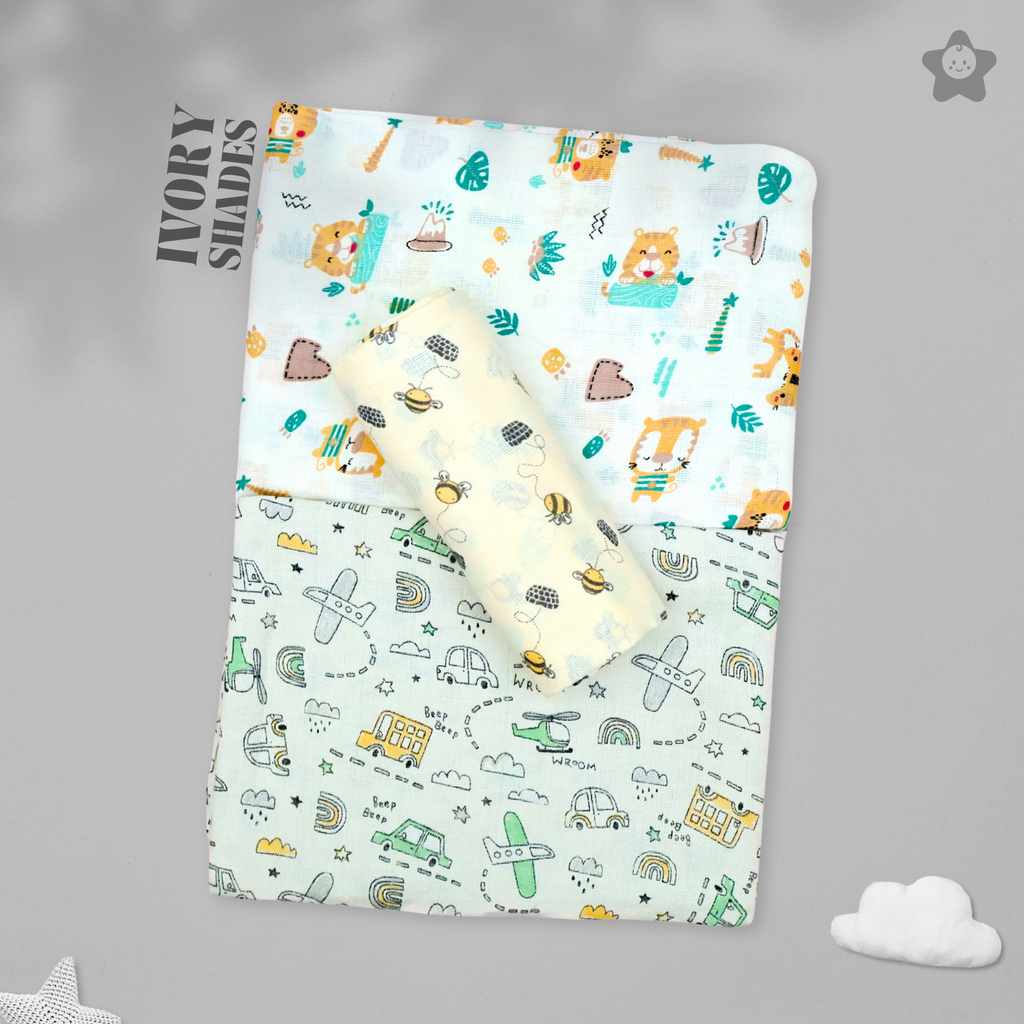Kika Kiki Ivory Shades Muslin Swaddle Blanket - Ultra soft 100% Muslin Cotton Swaddle Wrapper (pack of 3)