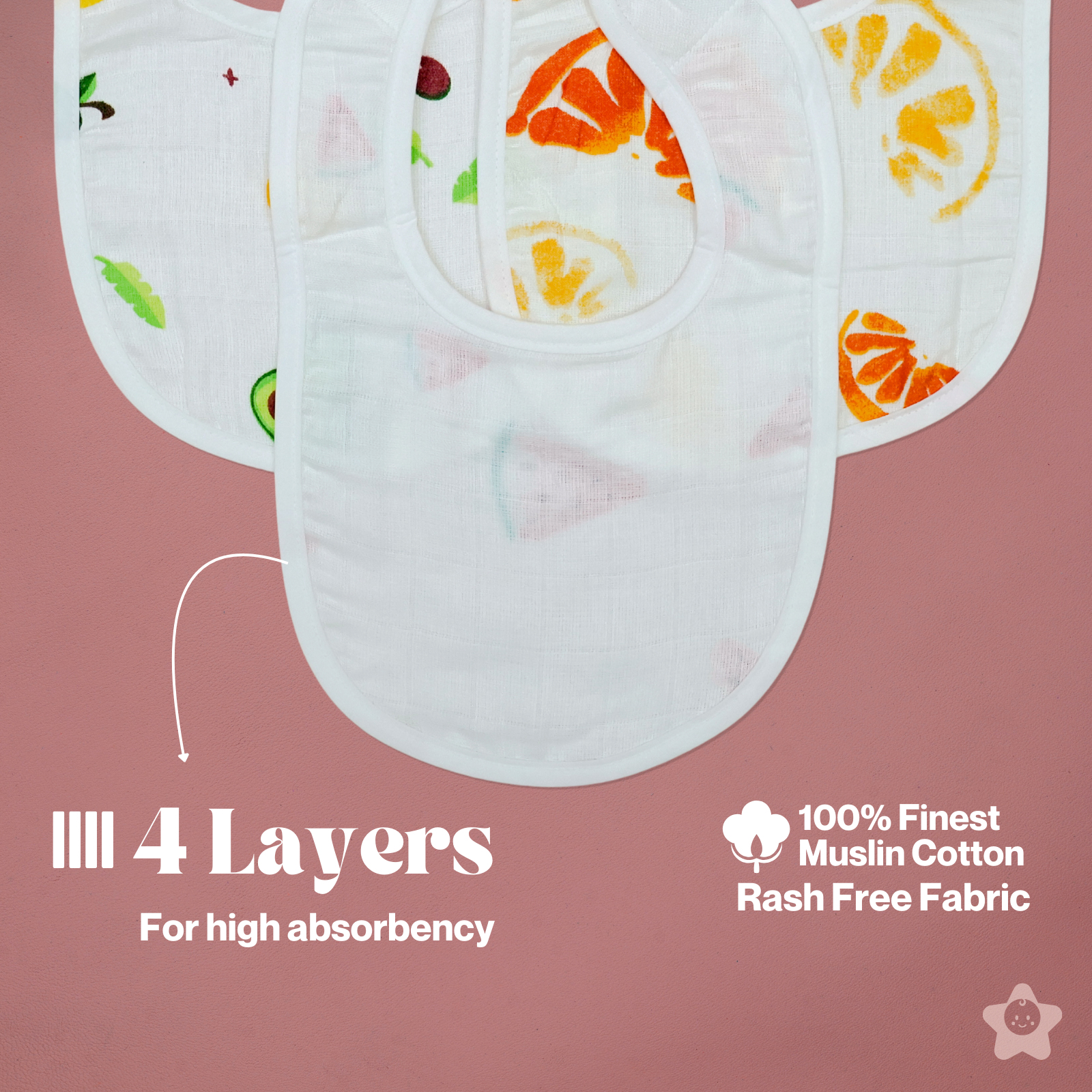 Kika Kiki Juicy Fruits Print Baby Apron Bibs - 100% Soft Muslin Cotton (Pack of 3)